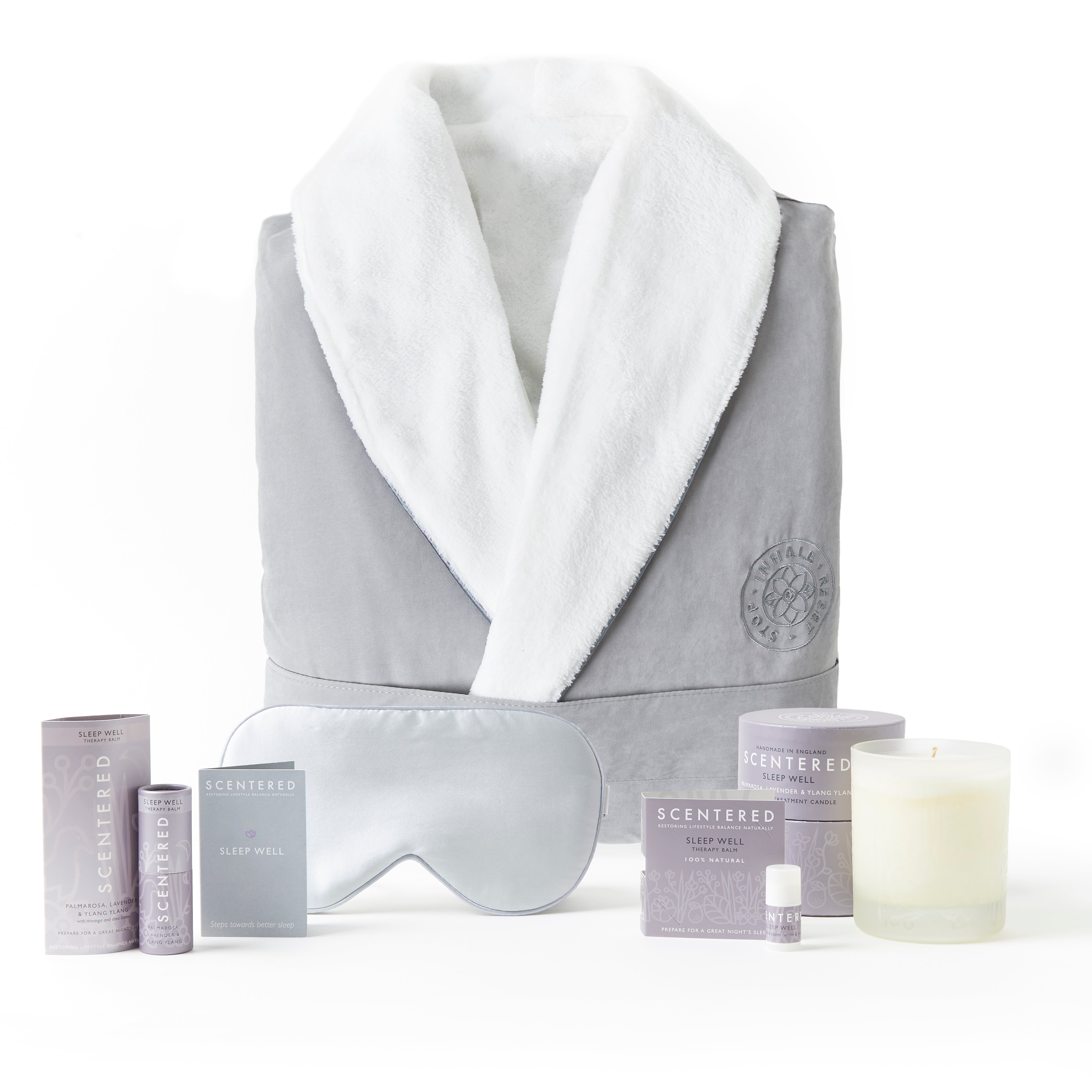 Sleep well bam and candle, eyemaks and bathrobe. Balance your hormones and improve sleep with our specially formulated sleep balm.
